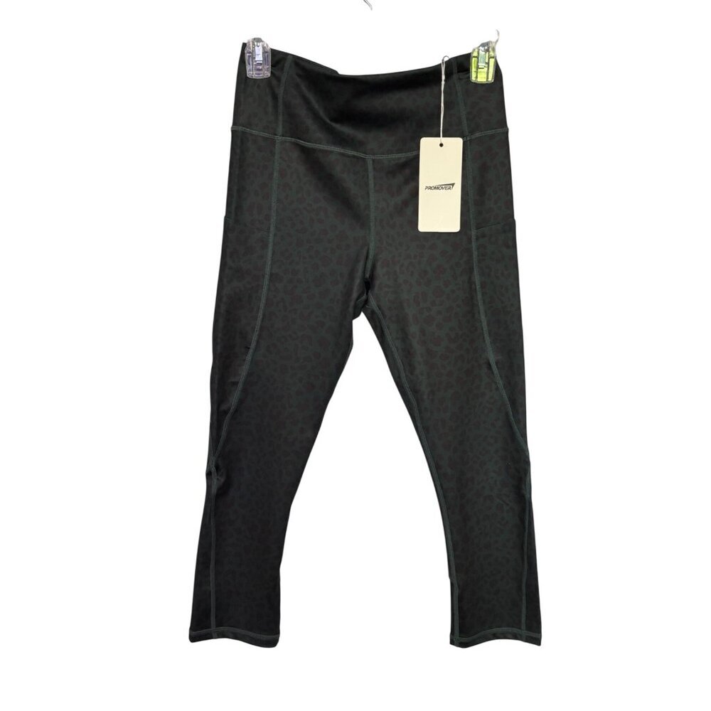 Promover Women's Leopard Print Leggings Medium Black & Dark‎ Green Stretchy NWT